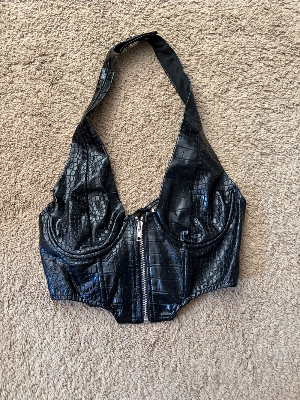 Edikted Black Faux Croc Lace-Up Halter Bustier
